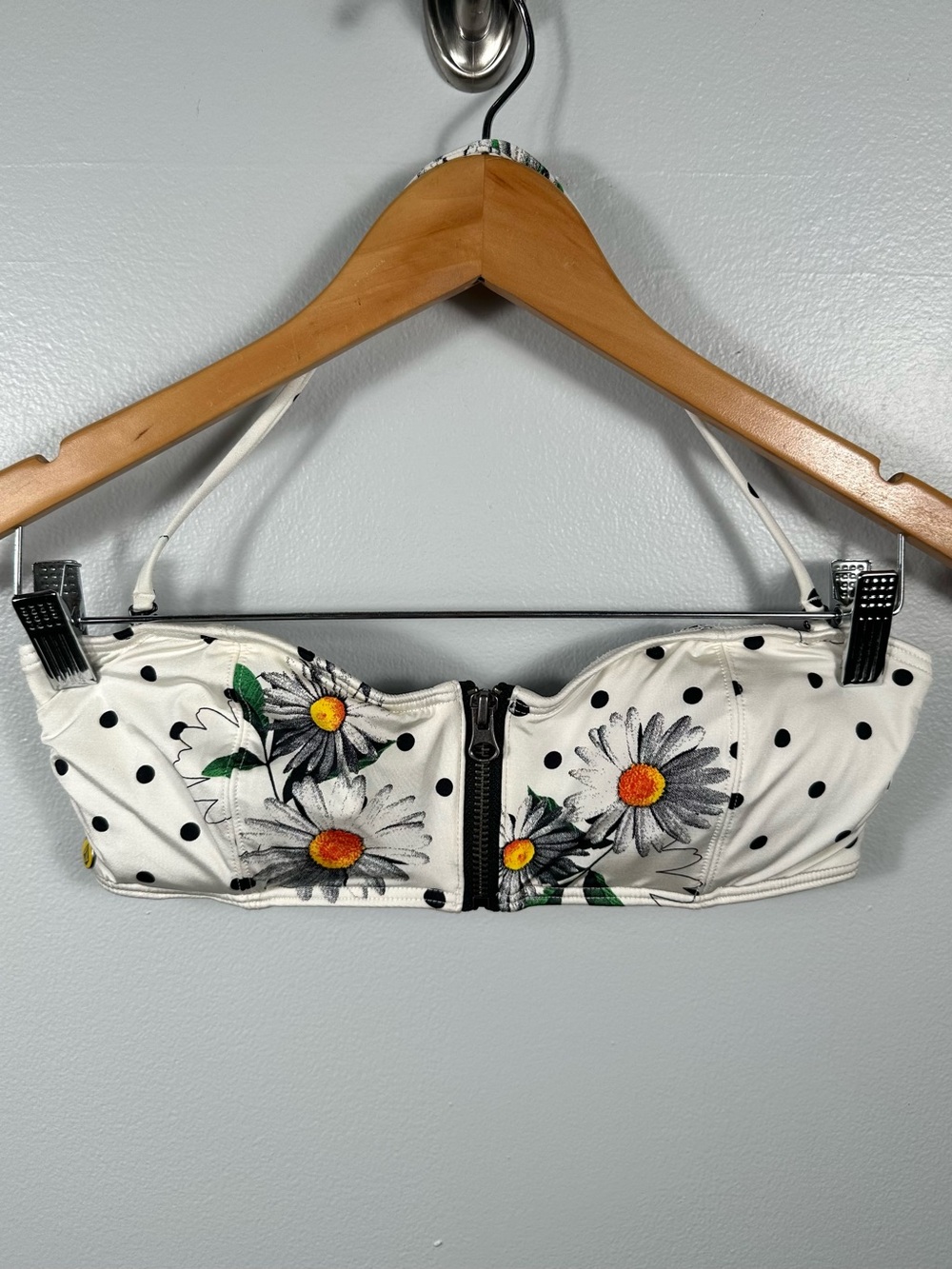 Volcom Black & White Floral Polka Dot Zip-Front Bandeau Bikini Top Size Medium